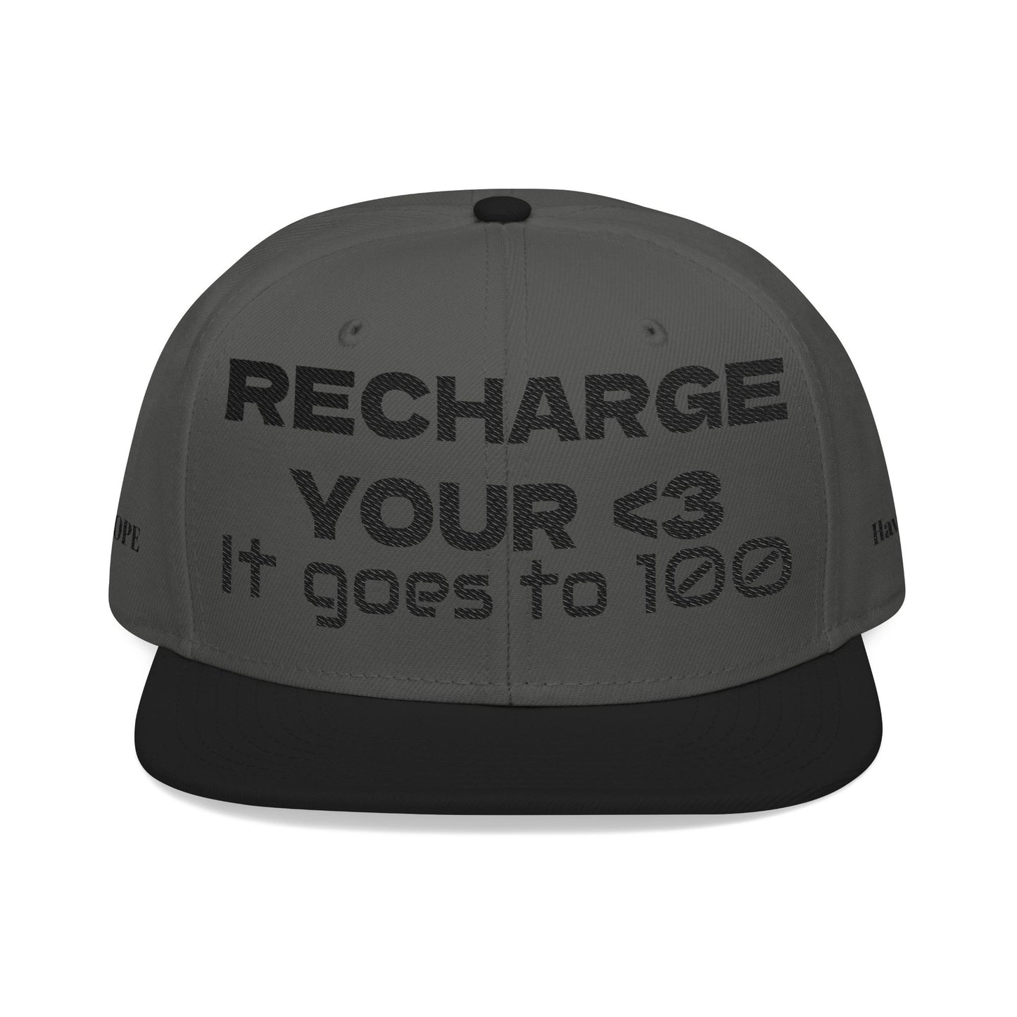 "RECHARGE YOUR <3 It Goes to 100" (Recharge your heart it goes to 100) Snapback Cap, Embroidered Hat, Casual Streetwear, Gift for Him/Her (Many color variants)