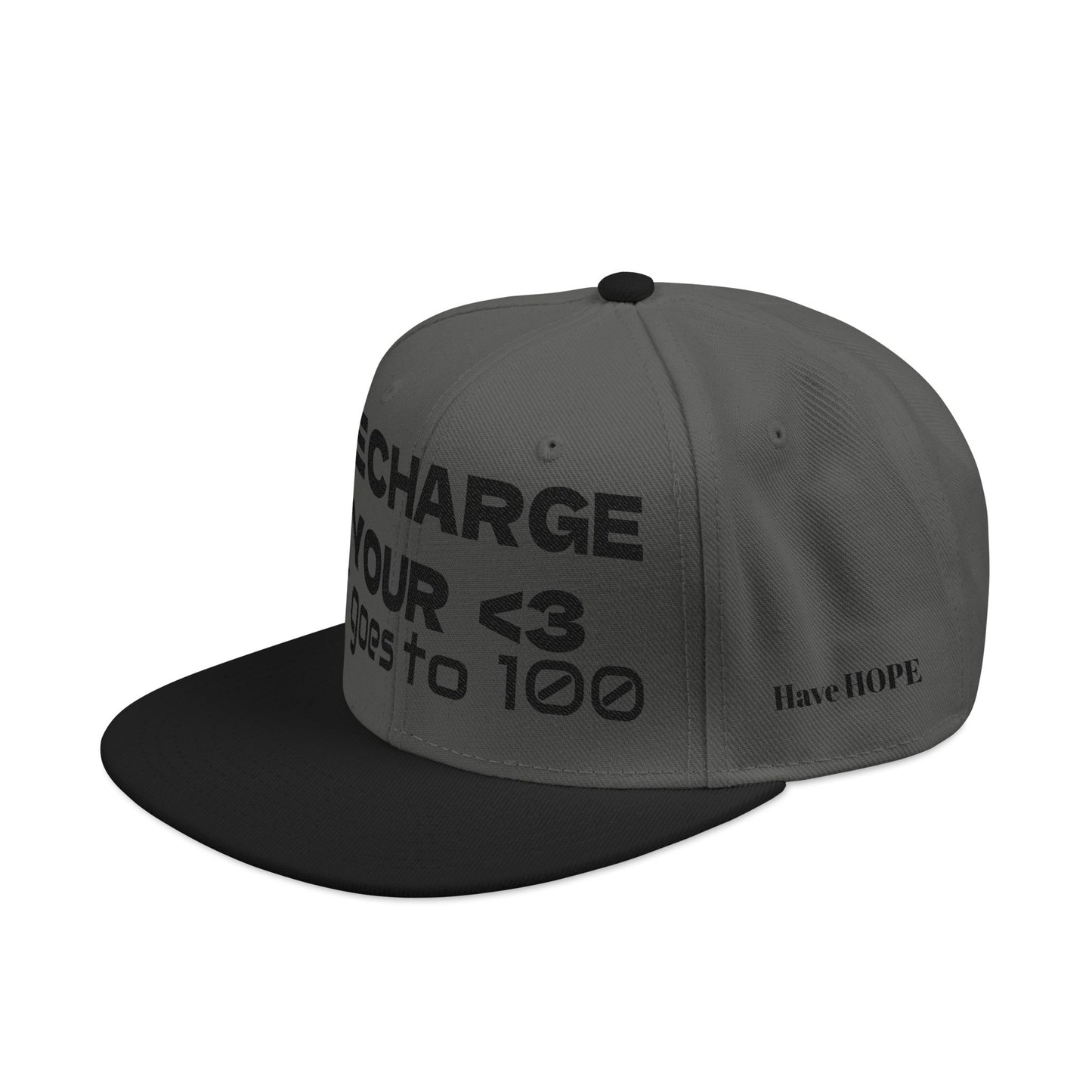 "RECHARGE YOUR <3 It Goes to 100" (Recharge your heart it goes to 100) Snapback Cap, Embroidered Hat, Casual Streetwear, Gift for Him/Her (Many color variants)