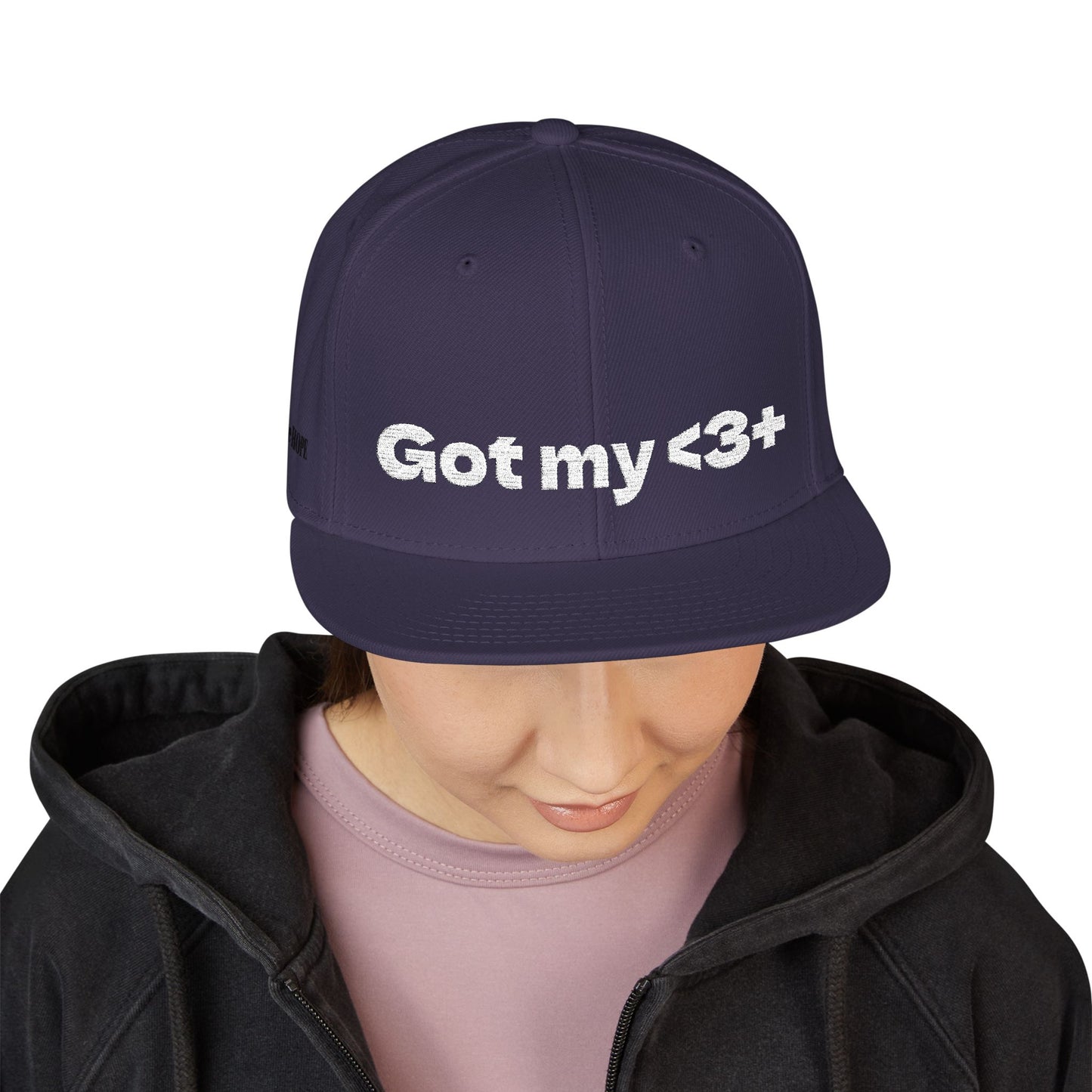 White Font "Got My <3 +" (Got My Heart Positive) Snapback Cap, Embroidered Hat, Casual Streetwear, Gift for Him/Her, (Many color variants)