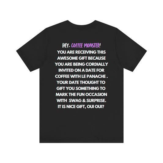 Purple Font  "I will twinkle le stache at you over un cafe, oui oui?" -Rizz ( Coffee ) Monster Unisex Jersey Short Sleeve Tee