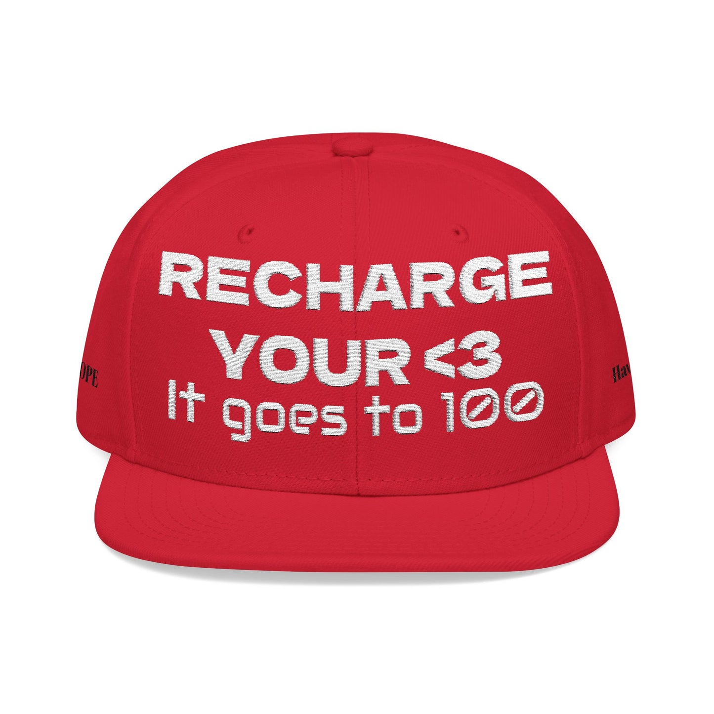 White Font "RECHARGE YOUR <3 It Goes to 100" (Recharge your heart it goes to 100) Snapback Cap, Embroidered Hat, Casual Streetwear, Gift for Him/Her (Many color variants)