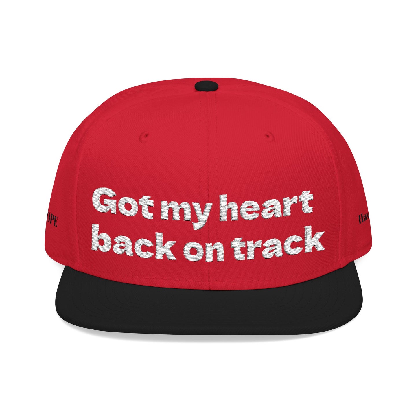 White Font "Got my heart back on track" Snapback Cap, Embroidered Hat, Casual Streetwear, (Many color variants)
