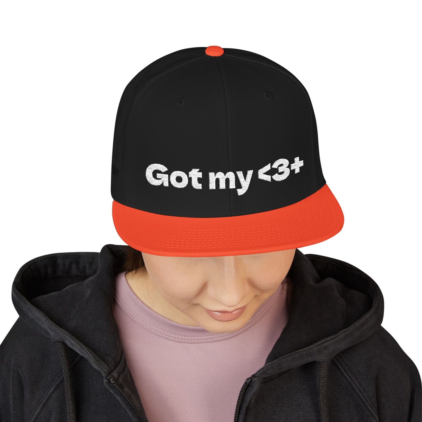 White Font "Got My <3 +" (Got My Heart Positive) Snapback Cap, Embroidered Hat, Casual Streetwear, Gift for Him/Her, (Many color variants)