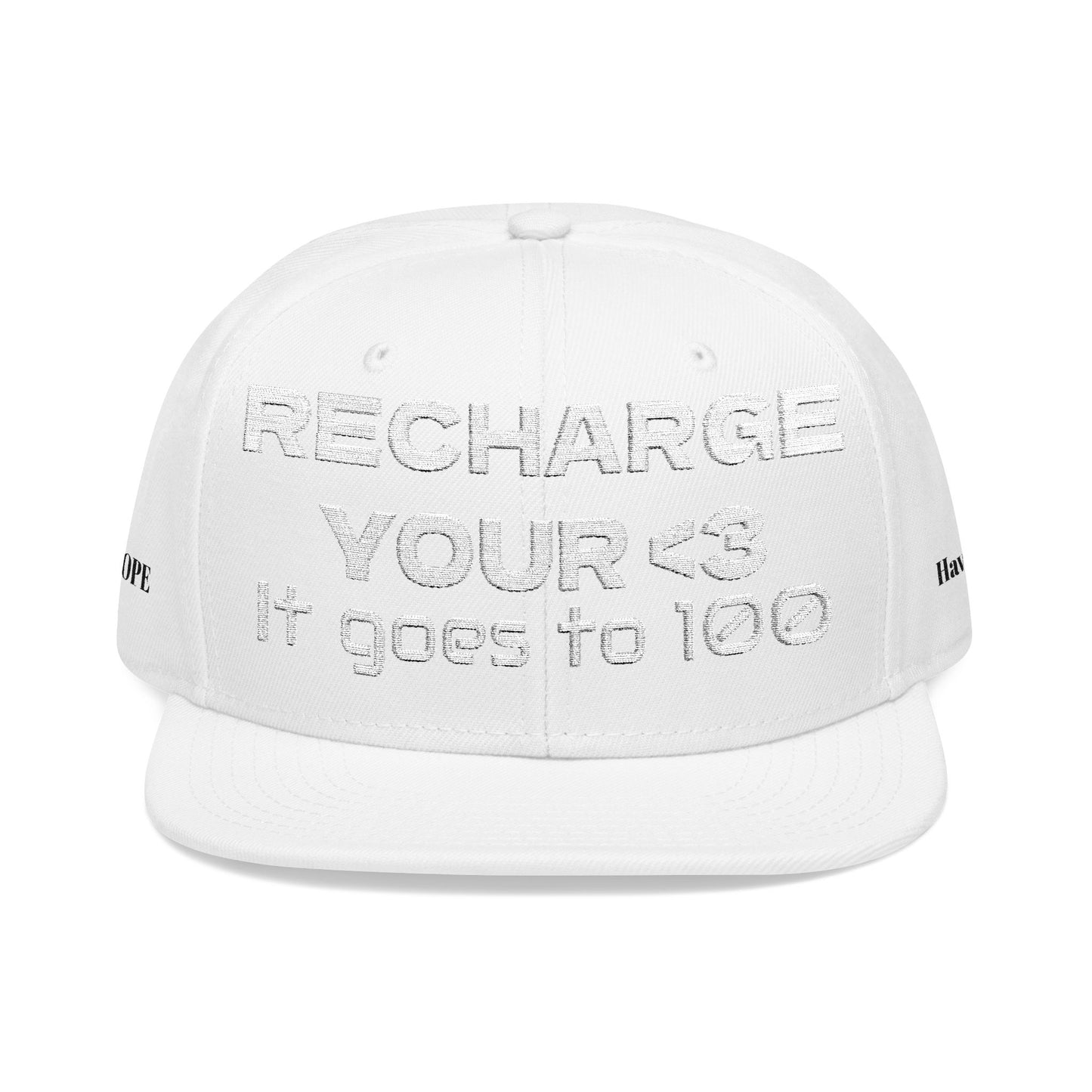 White Font "RECHARGE YOUR <3 It Goes to 100" (Recharge your heart it goes to 100) Snapback Cap, Embroidered Hat, Casual Streetwear, Gift for Him/Her (Many color variants)