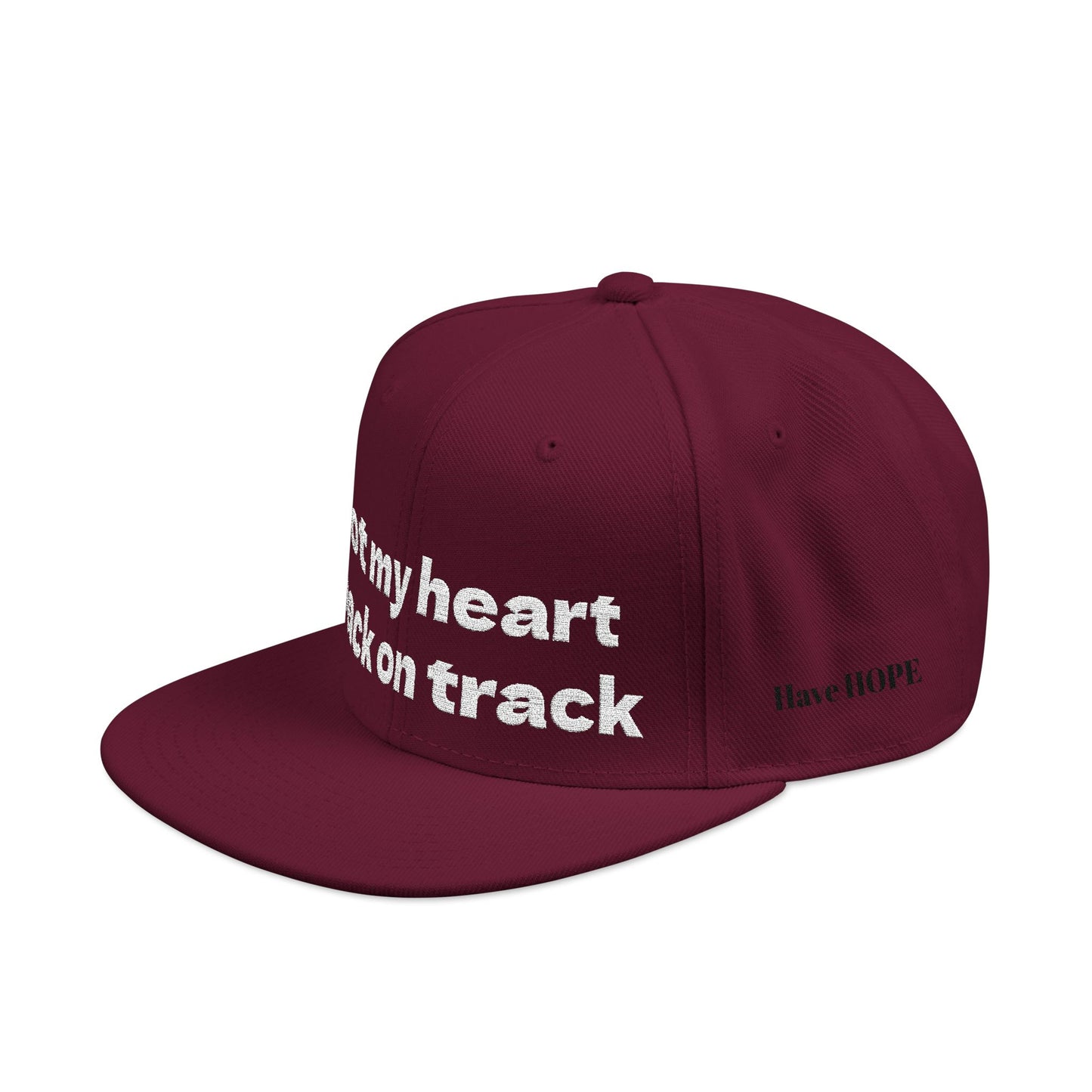 White Font "Got my heart back on track" Snapback Cap, Embroidered Hat, Casual Streetwear, (Many color variants)