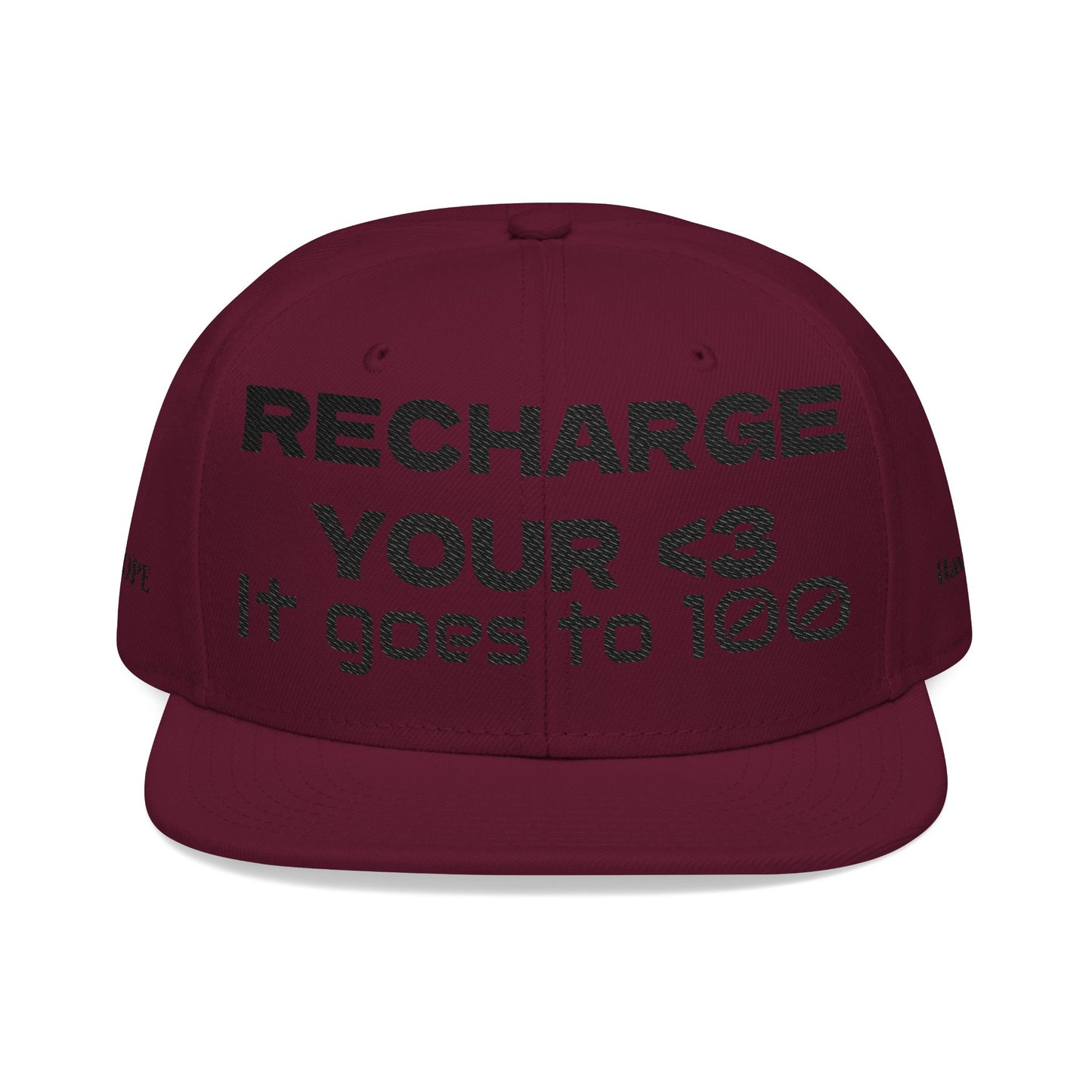 "RECHARGE YOUR <3 It Goes to 100" (Recharge your heart it goes to 100) Snapback Cap, Embroidered Hat, Casual Streetwear, Gift for Him/Her (Many color variants)