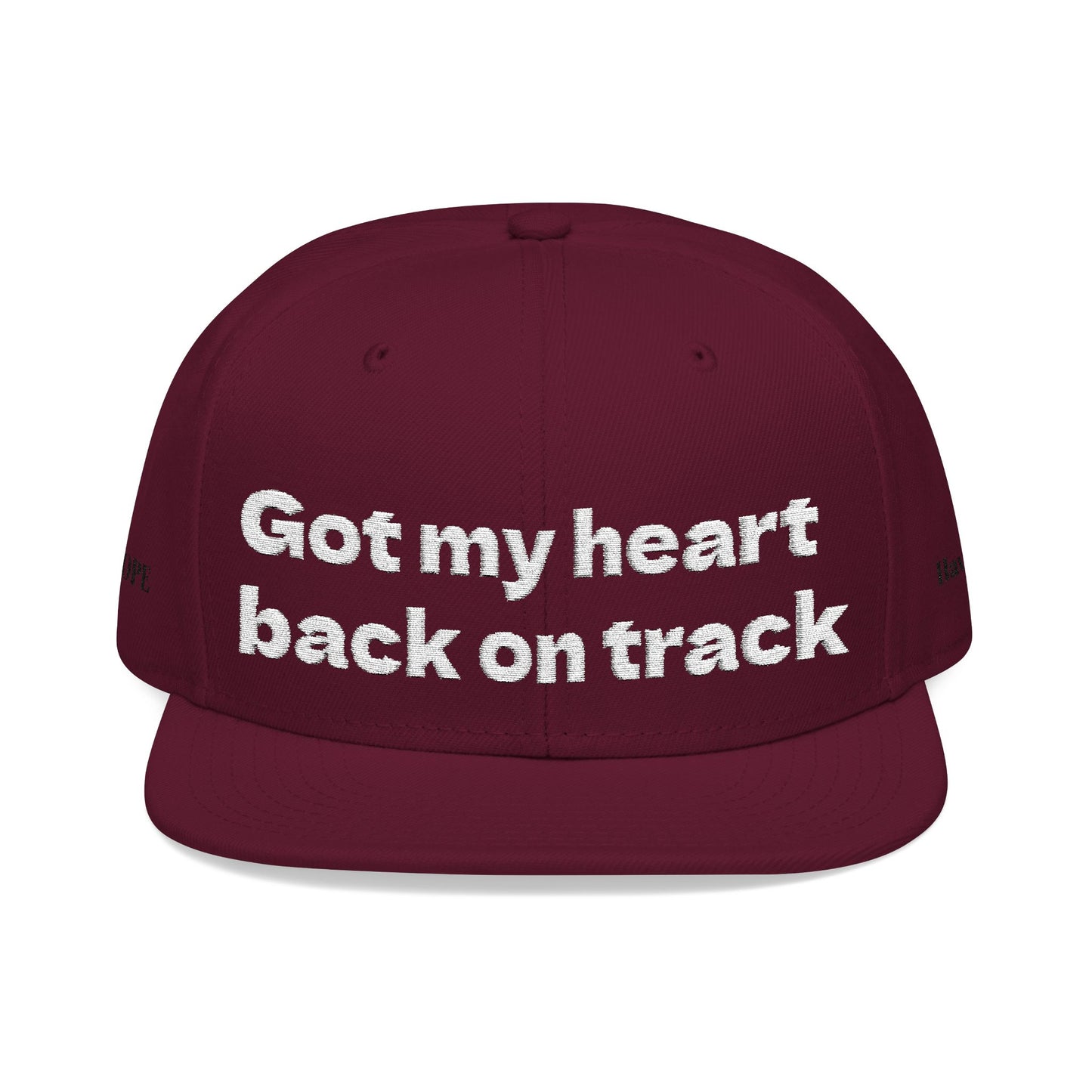 White Font "Got my heart back on track" Snapback Cap, Embroidered Hat, Casual Streetwear, (Many color variants)