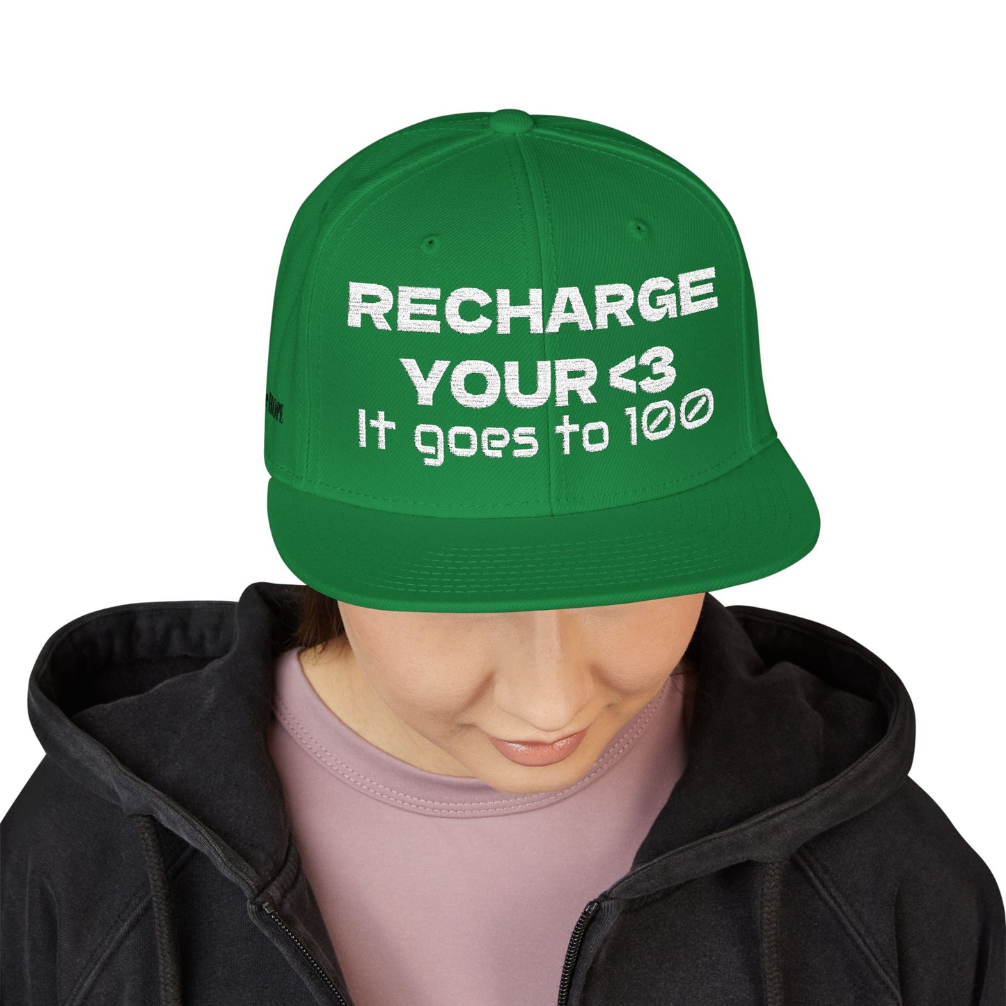 White Font "RECHARGE YOUR <3 It Goes to 100" (Recharge your heart it goes to 100) Snapback Cap, Embroidered Hat, Casual Streetwear, Gift for Him/Her (Many color variants)