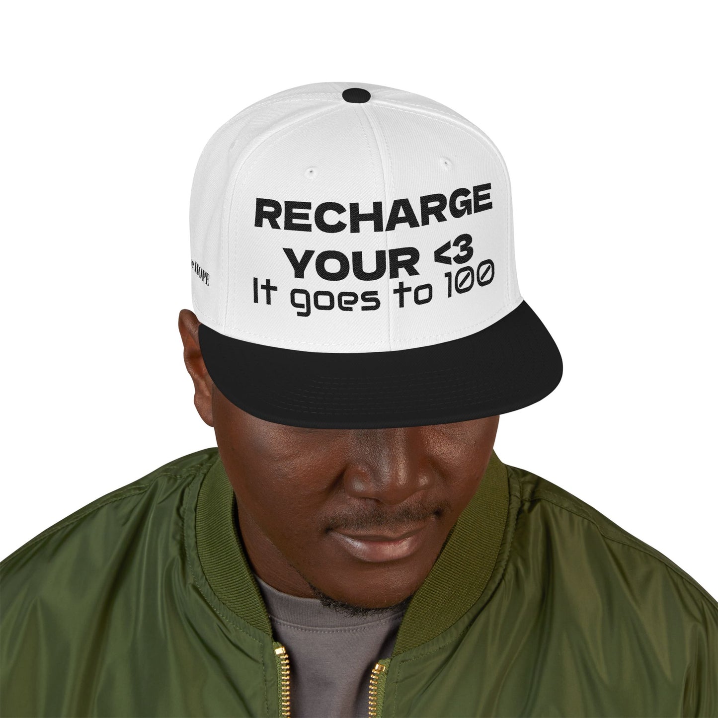 "RECHARGE YOUR <3 It Goes to 100" (Recharge your heart it goes to 100) Snapback Cap, Embroidered Hat, Casual Streetwear, Gift for Him/Her (Many color variants)