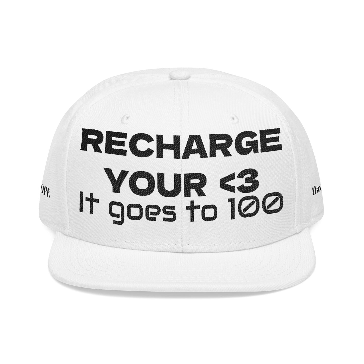 "RECHARGE YOUR <3 It Goes to 100" (Recharge your heart it goes to 100) Snapback Cap, Embroidered Hat, Casual Streetwear, Gift for Him/Her (Many color variants)