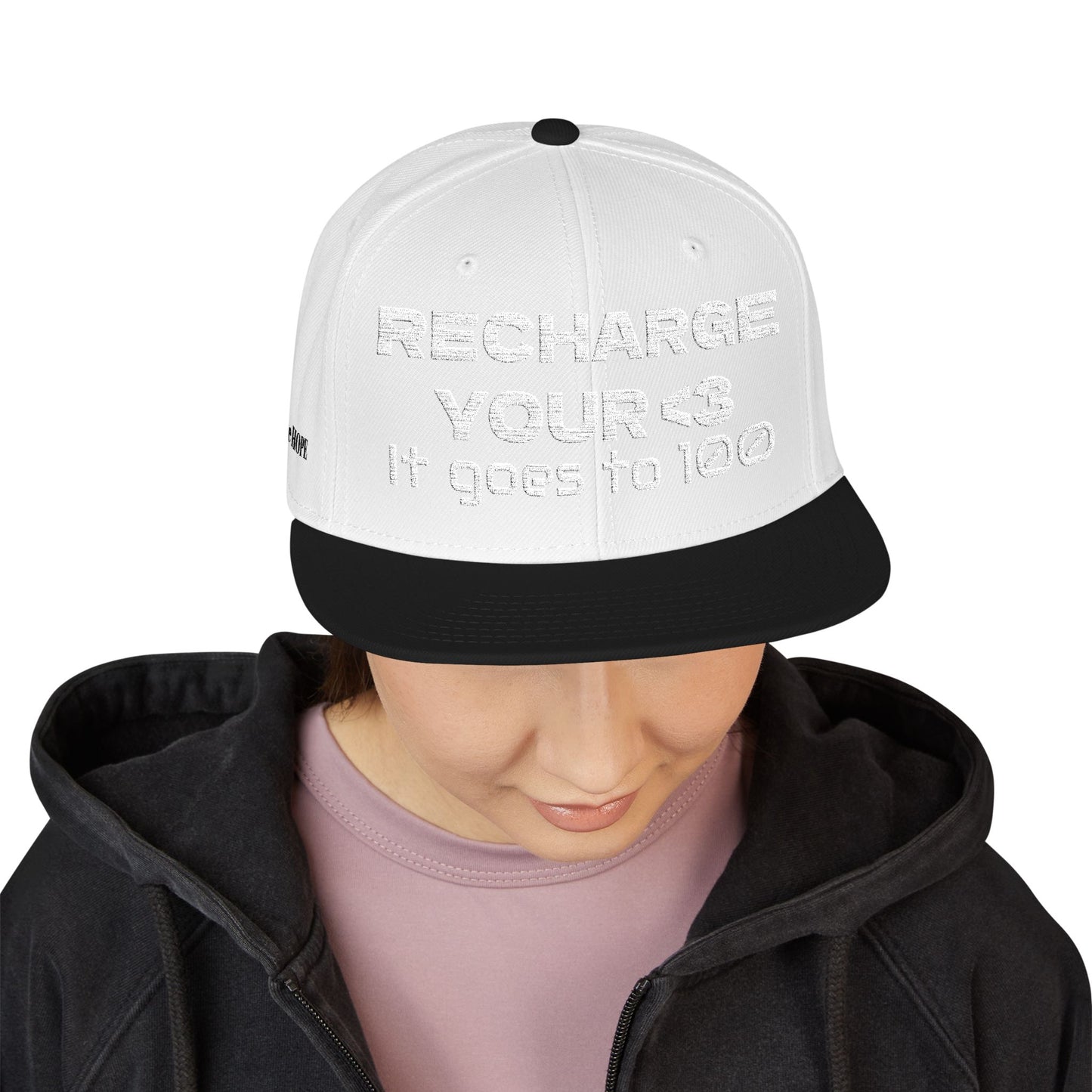 White Font "RECHARGE YOUR <3 It Goes to 100" (Recharge your heart it goes to 100) Snapback Cap, Embroidered Hat, Casual Streetwear, Gift for Him/Her (Many color variants)