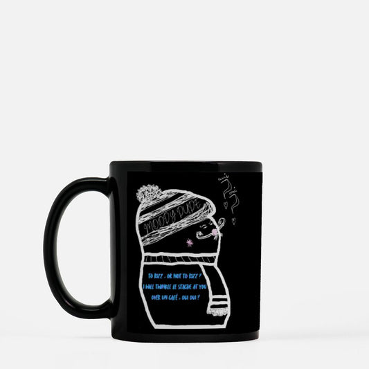 Rizz Monster With Blue Font Black Coffee Mug 11oz - "To rizz, or not to rizz? I will twinkle le stache at you over un cafe, oui oui?"