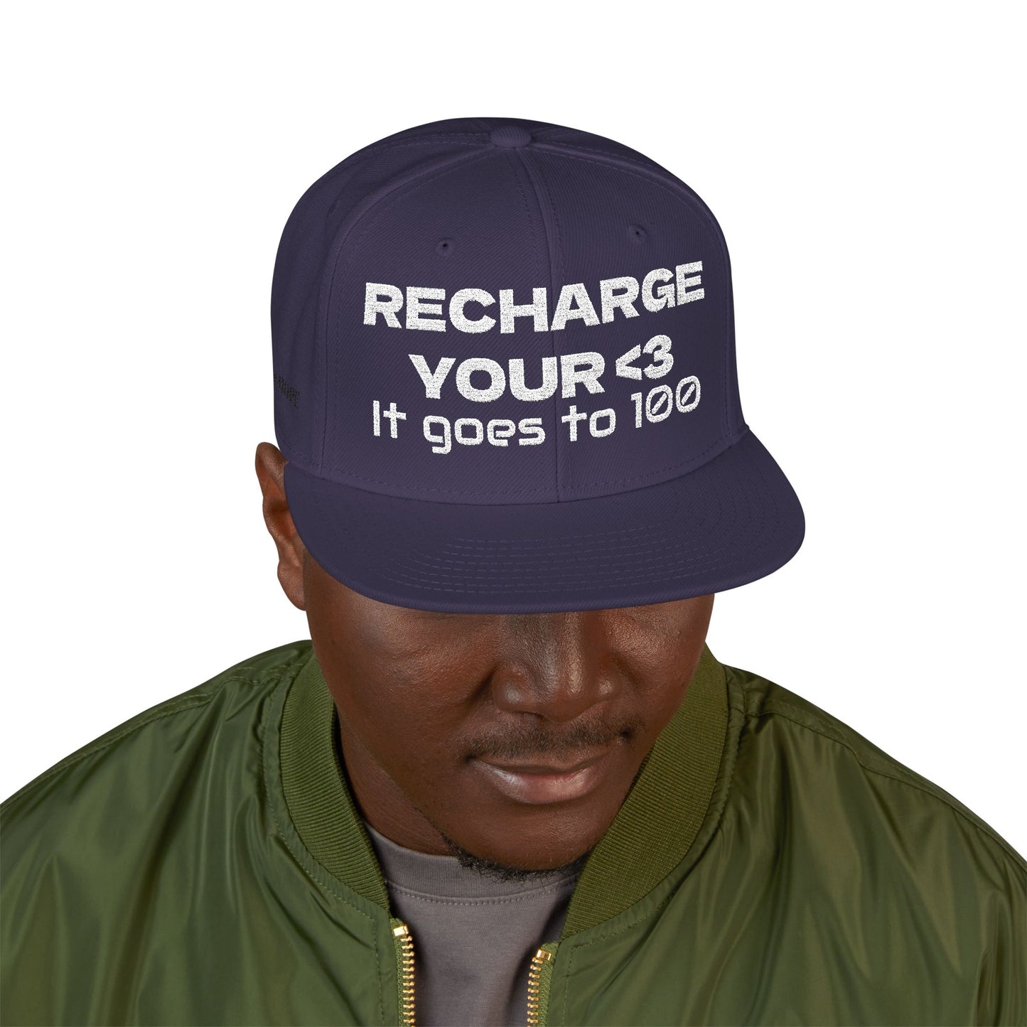 White Font "RECHARGE YOUR <3 It Goes to 100" (Recharge your heart it goes to 100) Snapback Cap, Embroidered Hat, Casual Streetwear, Gift for Him/Her (Many color variants)