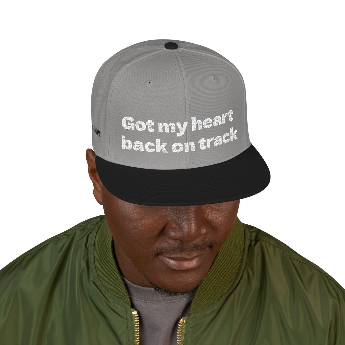 White Font "Got my heart back on track" Snapback Cap, Embroidered Hat, Casual Streetwear, (Many color variants)