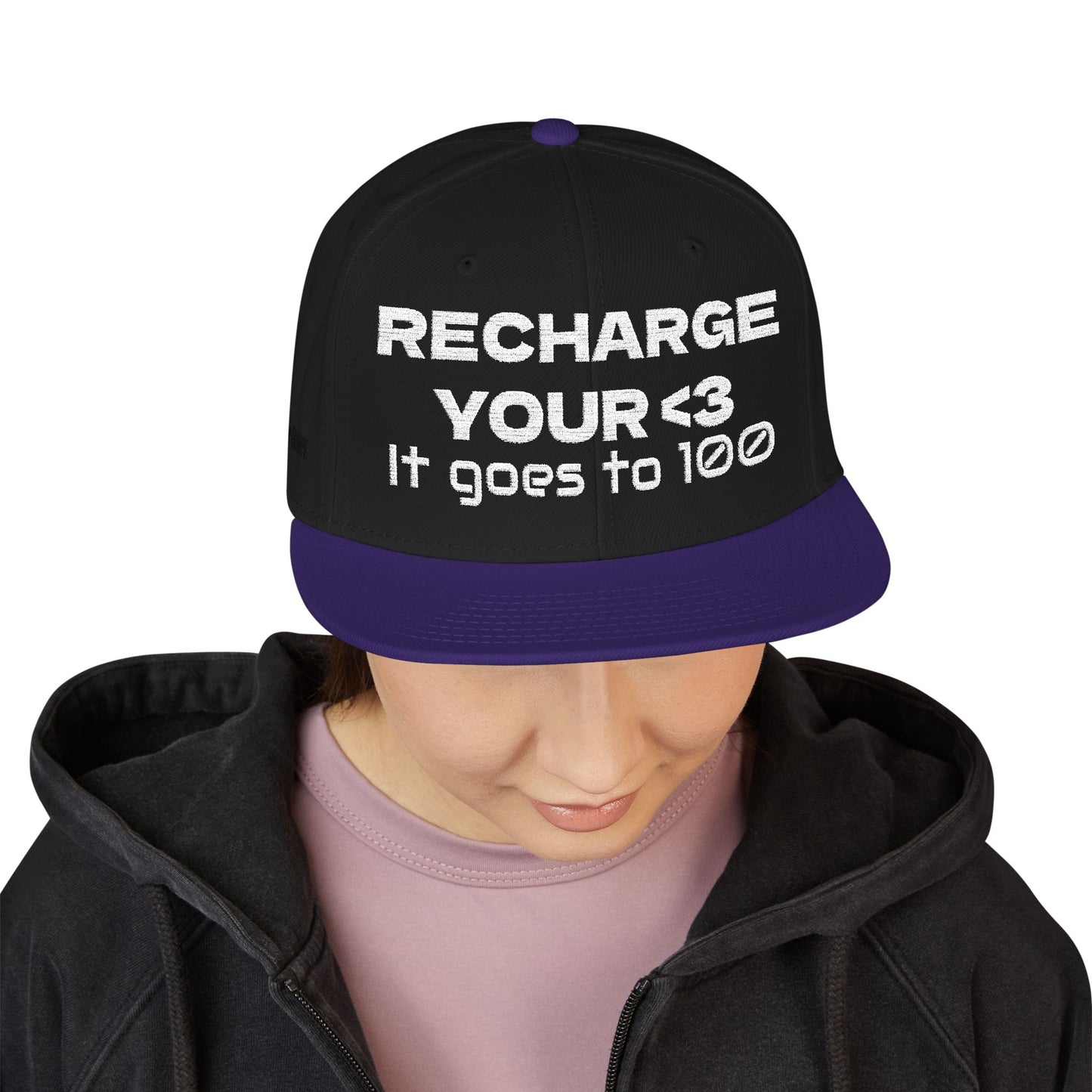 White Font "RECHARGE YOUR <3 It Goes to 100" (Recharge your heart it goes to 100) Snapback Cap, Embroidered Hat, Casual Streetwear, Gift for Him/Her (Many color variants)