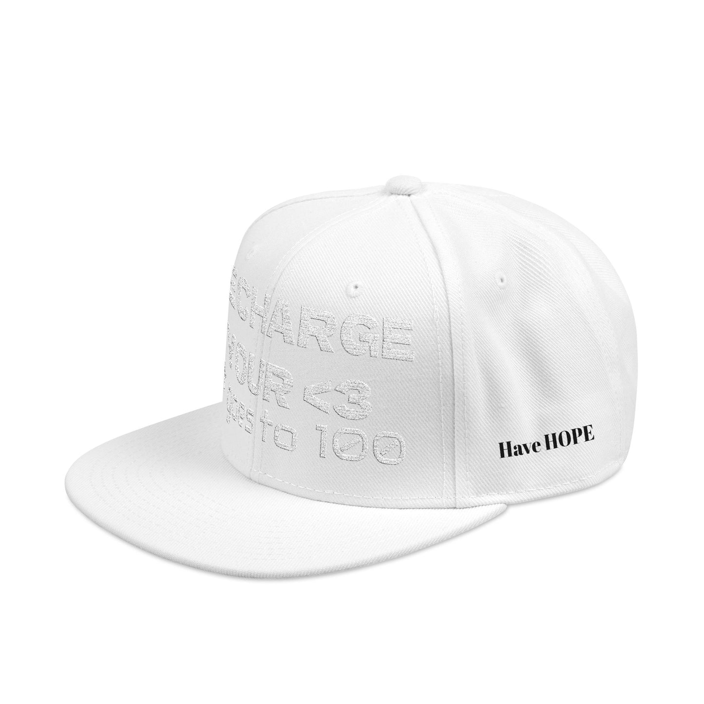 White Font "RECHARGE YOUR <3 It Goes to 100" (Recharge your heart it goes to 100) Snapback Cap, Embroidered Hat, Casual Streetwear, Gift for Him/Her (Many color variants)