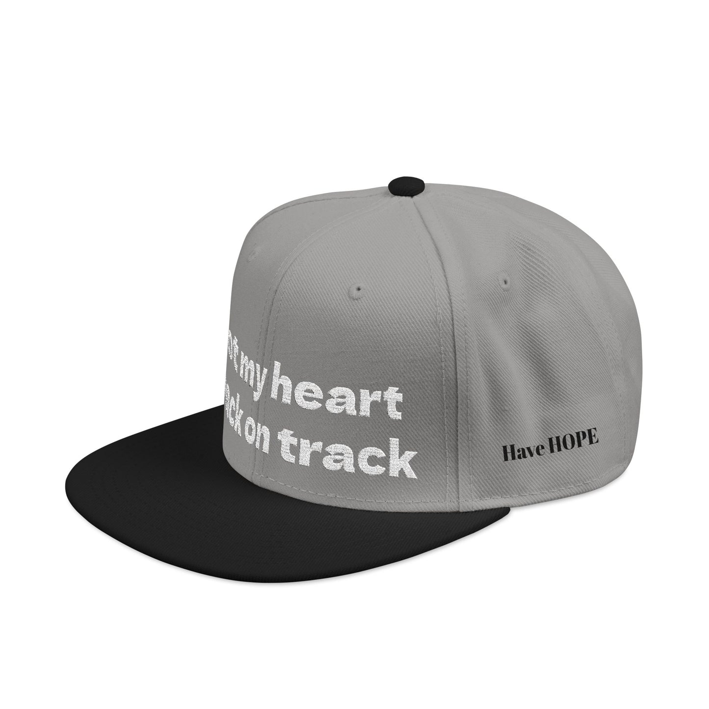 White Font "Got my heart back on track" Snapback Cap, Embroidered Hat, Casual Streetwear, (Many color variants)