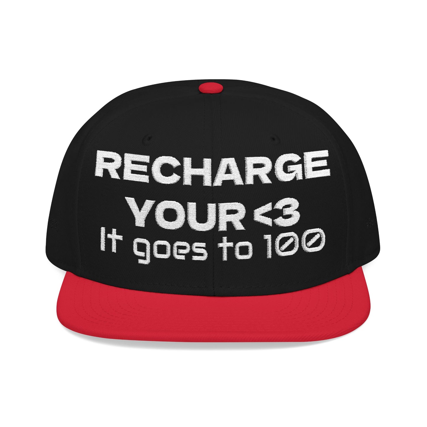 White Font "RECHARGE YOUR <3 It Goes to 100" (Recharge your heart it goes to 100) Snapback Cap, Embroidered Hat, Casual Streetwear, Gift for Him/Her (Many color variants)