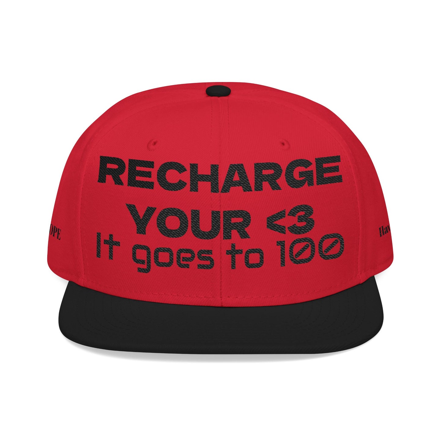 "RECHARGE YOUR <3 It Goes to 100" (Recharge your heart it goes to 100) Snapback Cap, Embroidered Hat, Casual Streetwear, Gift for Him/Her (Many color variants)