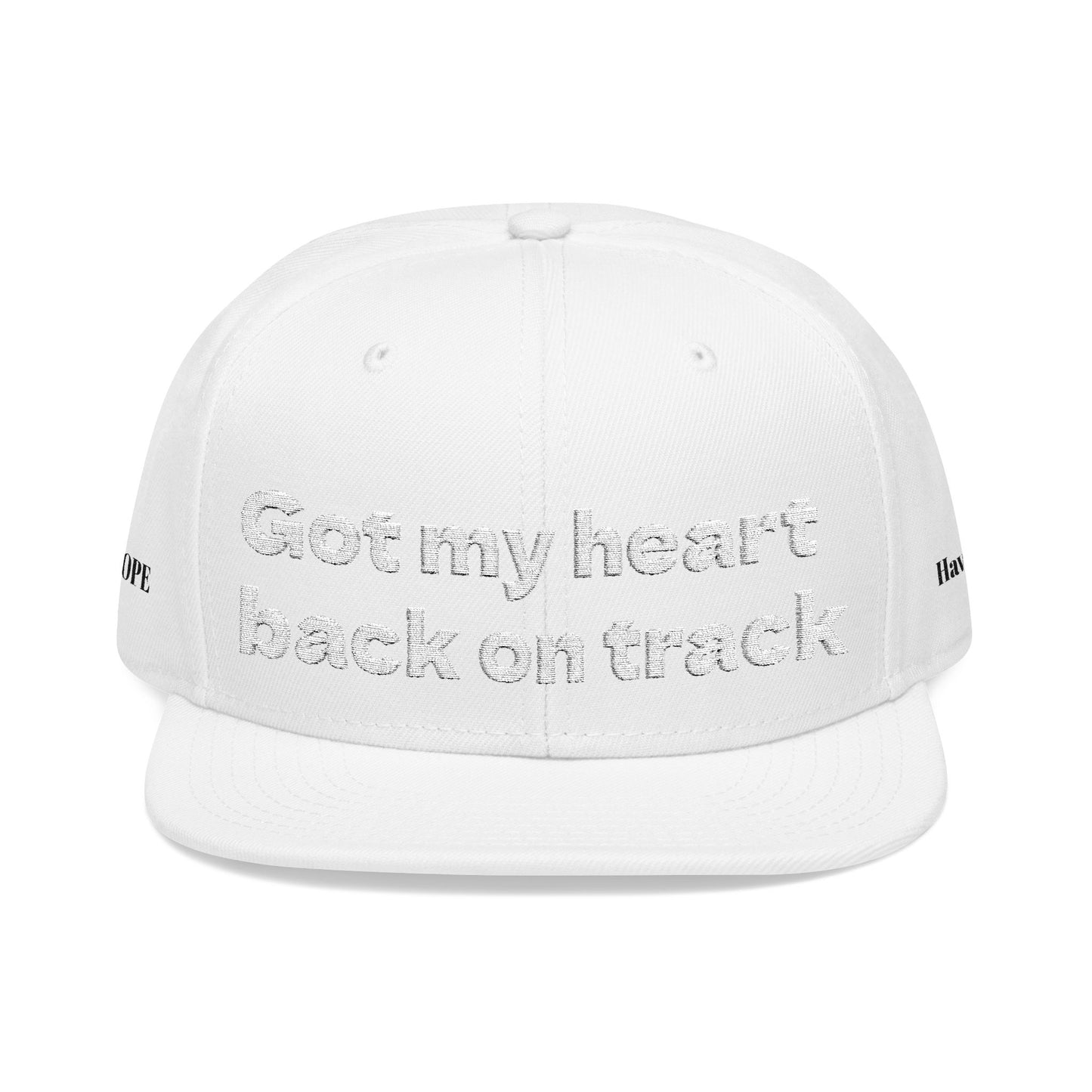 White Font "Got my heart back on track" Snapback Cap, Embroidered Hat, Casual Streetwear, (Many color variants)