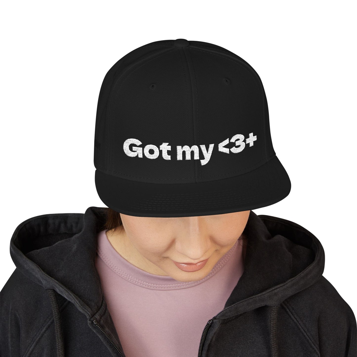 White Font "Got My <3 +" (Got My Heart Positive) Snapback Cap, Embroidered Hat, Casual Streetwear, Gift for Him/Her, (Many color variants)