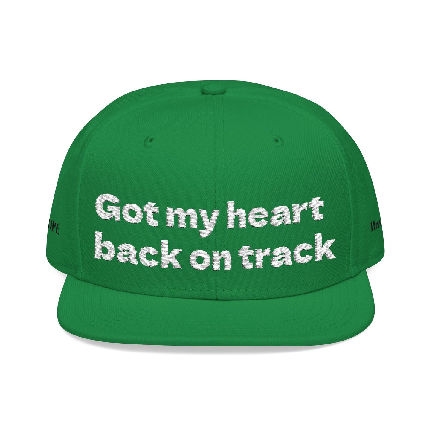 White Font "Got my heart back on track" Snapback Cap, Embroidered Hat, Casual Streetwear, (Many color variants)