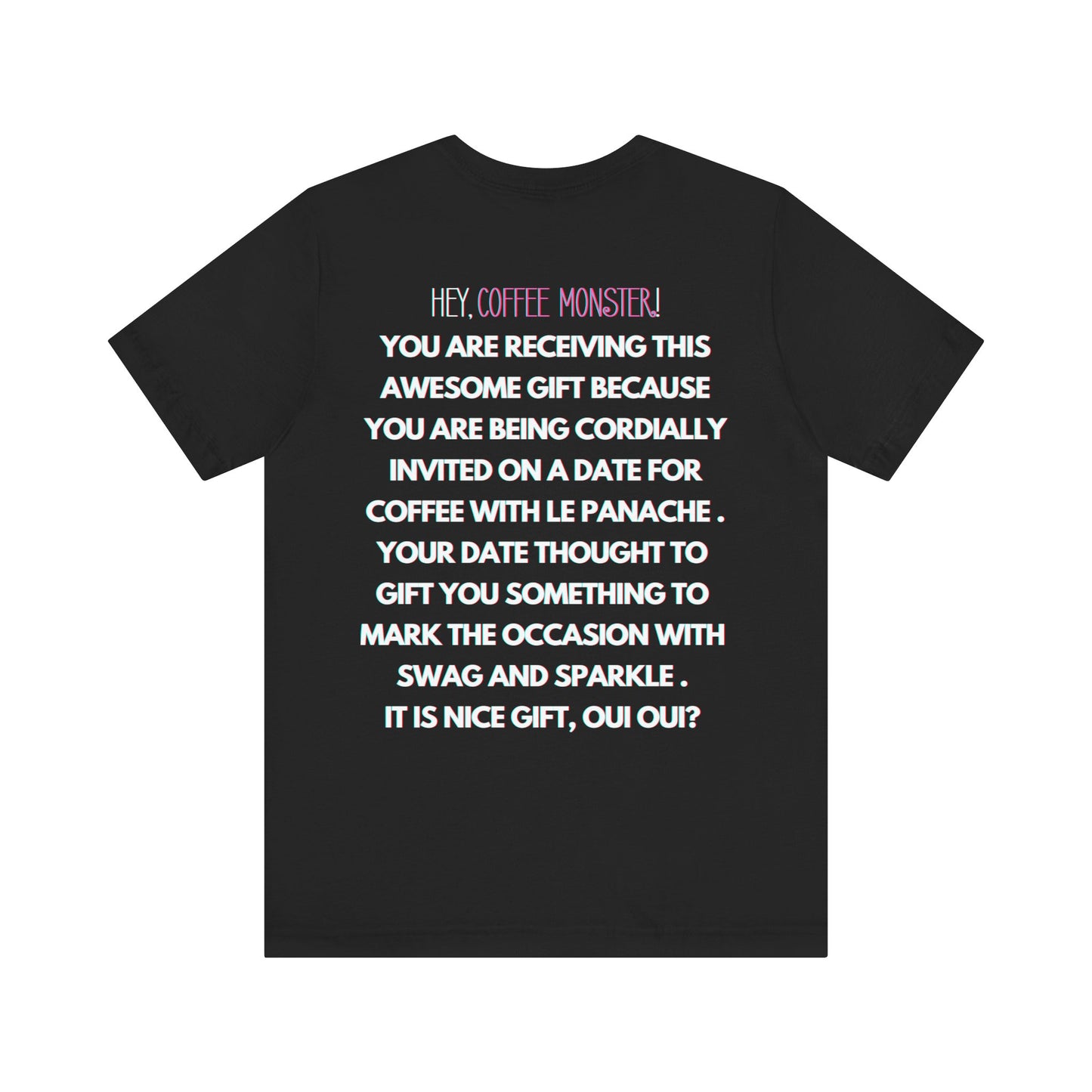 Red Font  "I will twinkle le stache at you over un cafe, oui oui?" -Rizz ( Coffee ) Monster Unisex Jersey Short Sleeve Tee