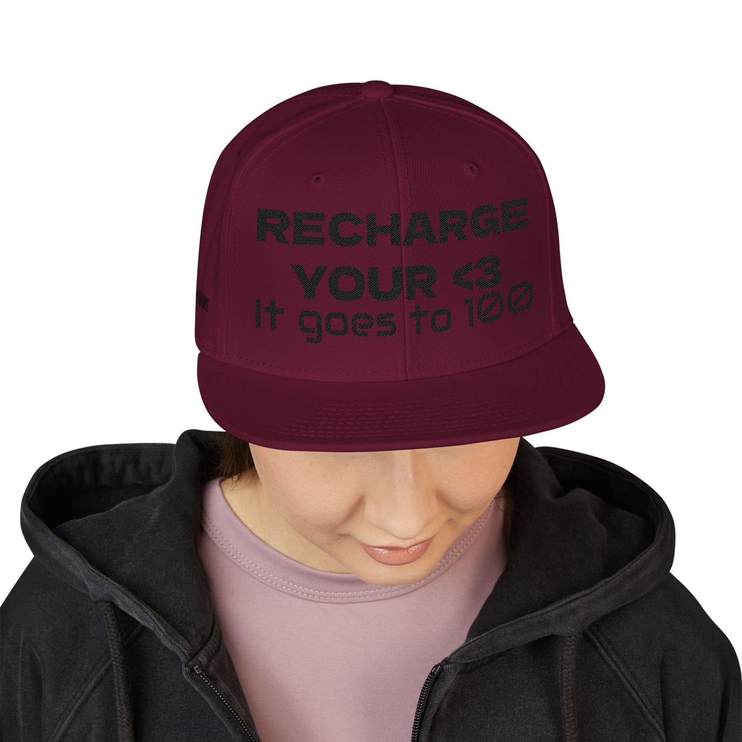 "RECHARGE YOUR <3 It Goes to 100" (Recharge your heart it goes to 100) Snapback Cap, Embroidered Hat, Casual Streetwear, Gift for Him/Her (Many color variants)