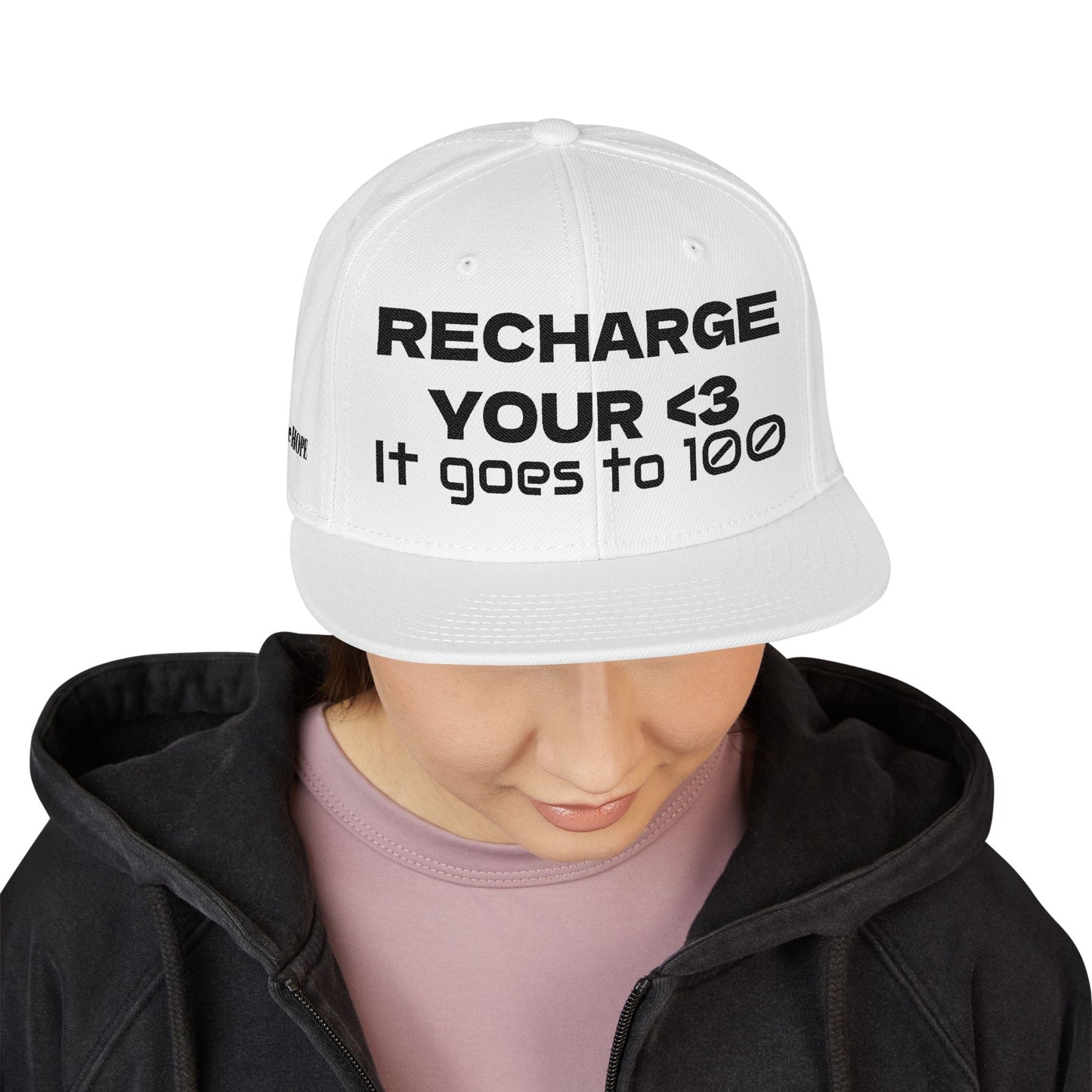 "RECHARGE YOUR <3 It Goes to 100" (Recharge your heart it goes to 100) Snapback Cap, Embroidered Hat, Casual Streetwear, Gift for Him/Her (Many color variants)