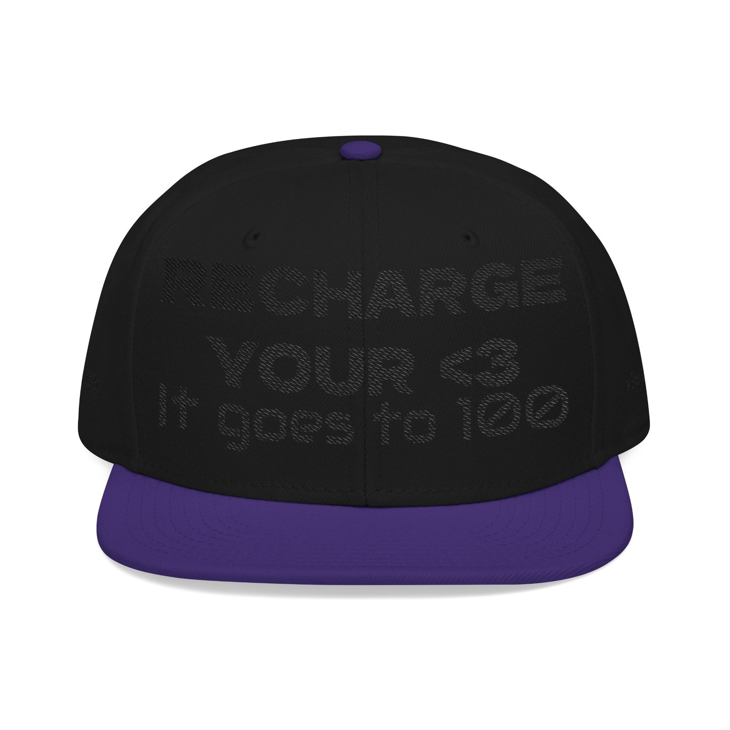"RECHARGE YOUR <3 It Goes to 100" (Recharge your heart it goes to 100) Snapback Cap, Embroidered Hat, Casual Streetwear, Gift for Him/Her (Many color variants)