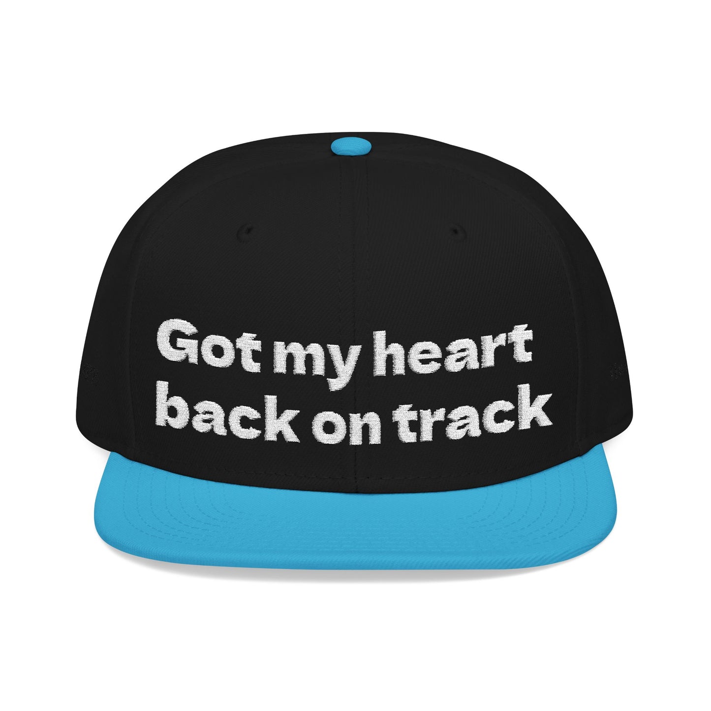 White Font "Got my heart back on track" Snapback Cap, Embroidered Hat, Casual Streetwear, (Many color variants)