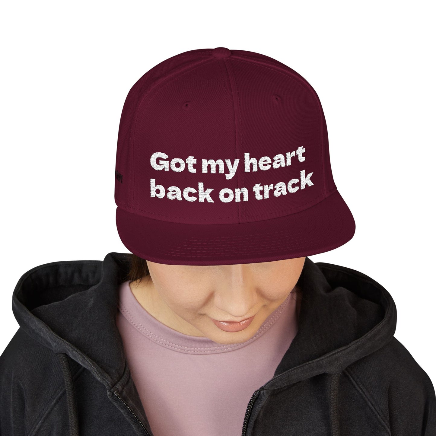 White Font "Got my heart back on track" Snapback Cap, Embroidered Hat, Casual Streetwear, (Many color variants)