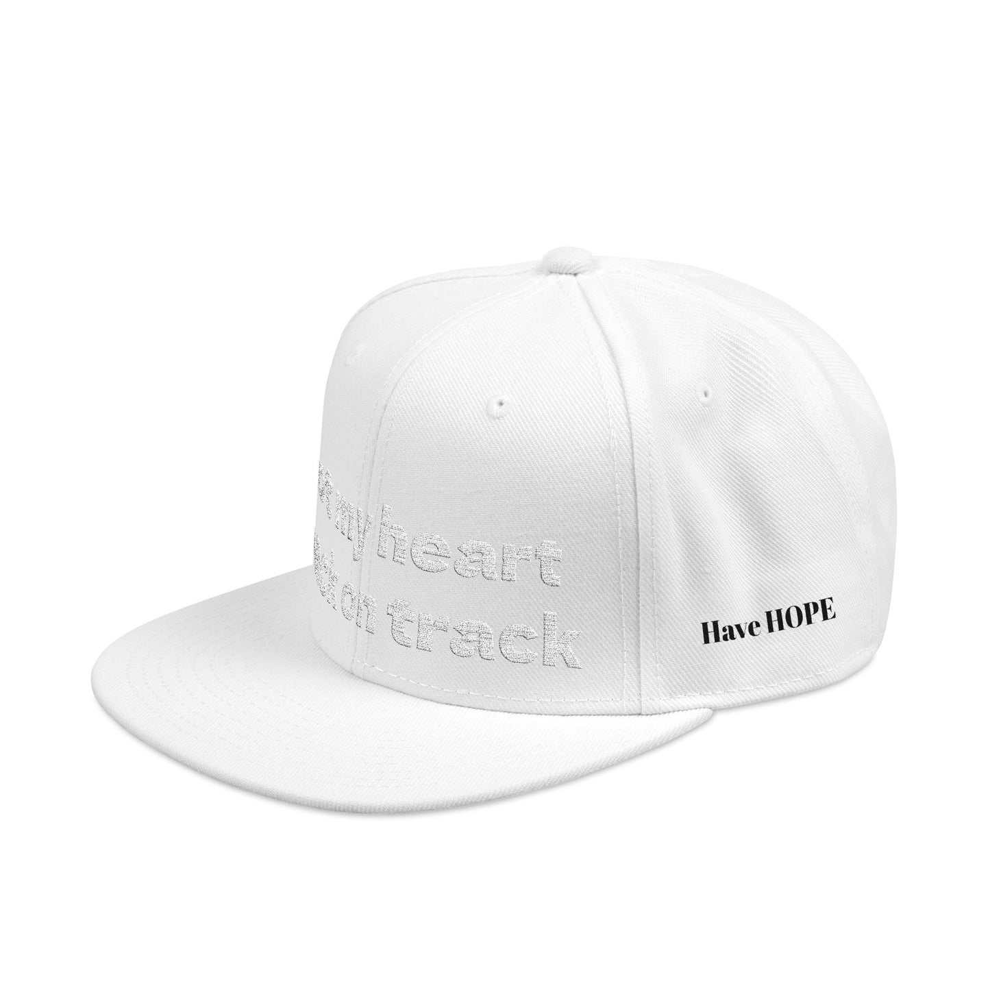 White Font "Got my heart back on track" Snapback Cap, Embroidered Hat, Casual Streetwear, (Many color variants)