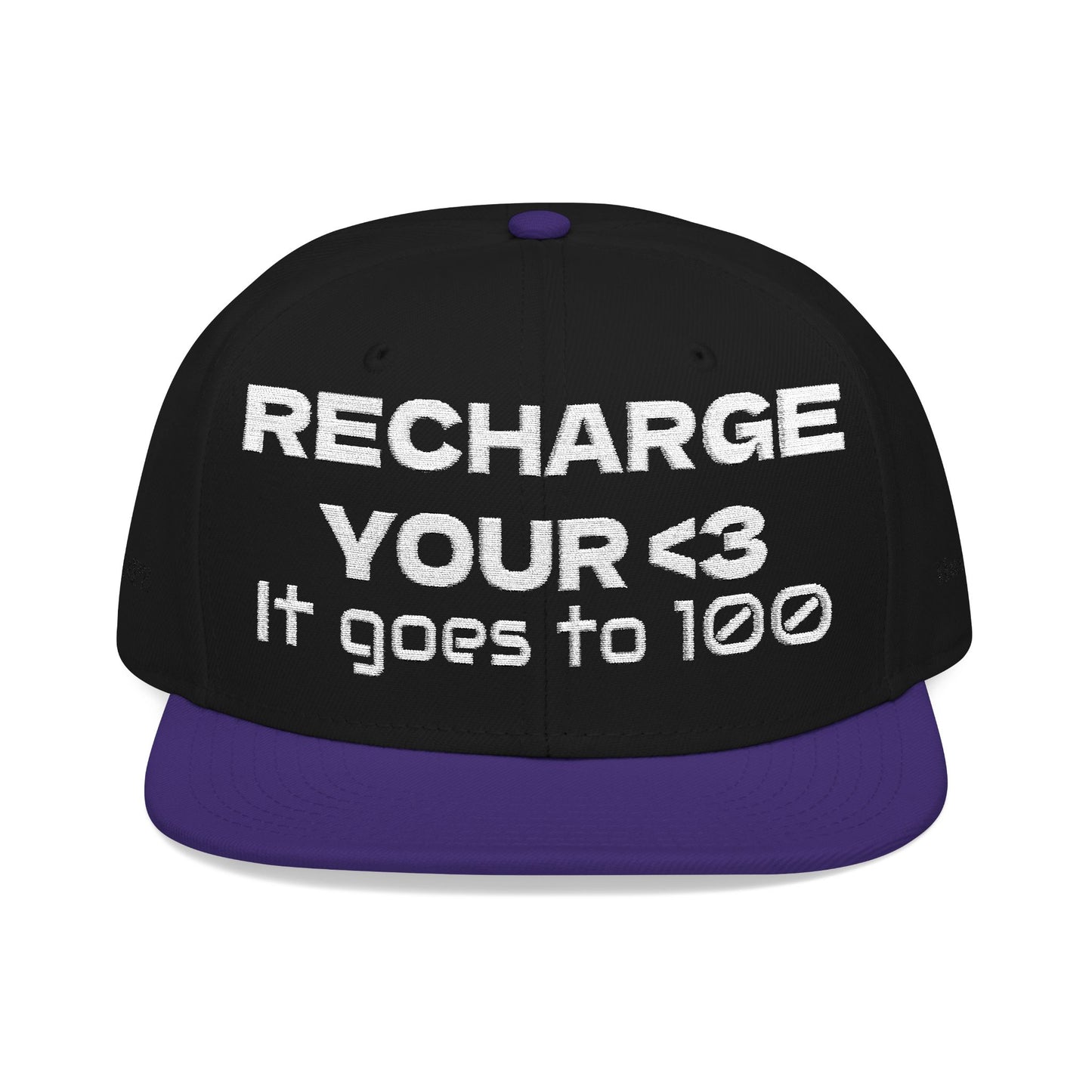 White Font "RECHARGE YOUR <3 It Goes to 100" (Recharge your heart it goes to 100) Snapback Cap, Embroidered Hat, Casual Streetwear, Gift for Him/Her (Many color variants)