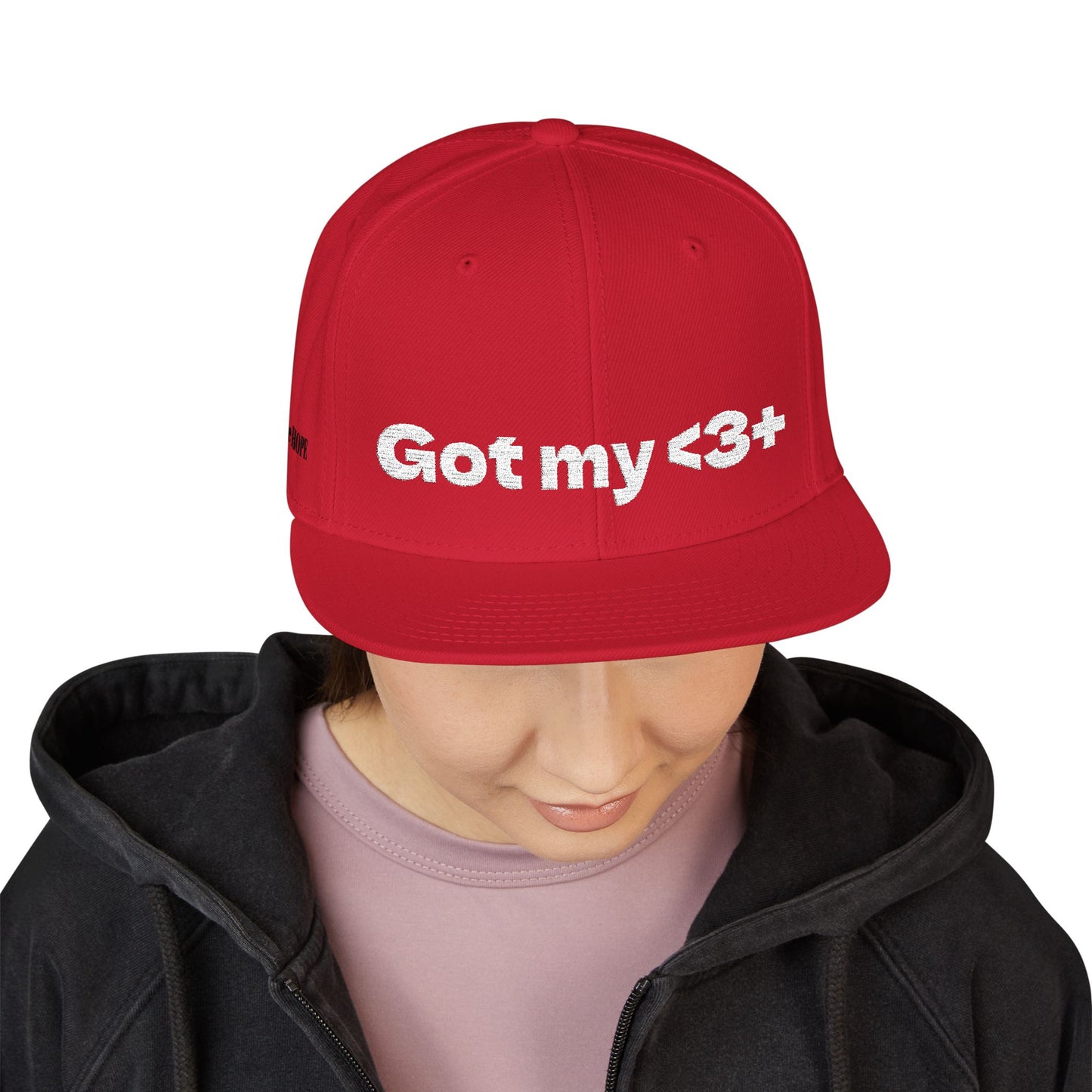 White Font "Got My <3 +" (Got My Heart Positive) Snapback Cap, Embroidered Hat, Casual Streetwear, Gift for Him/Her, (Many color variants)