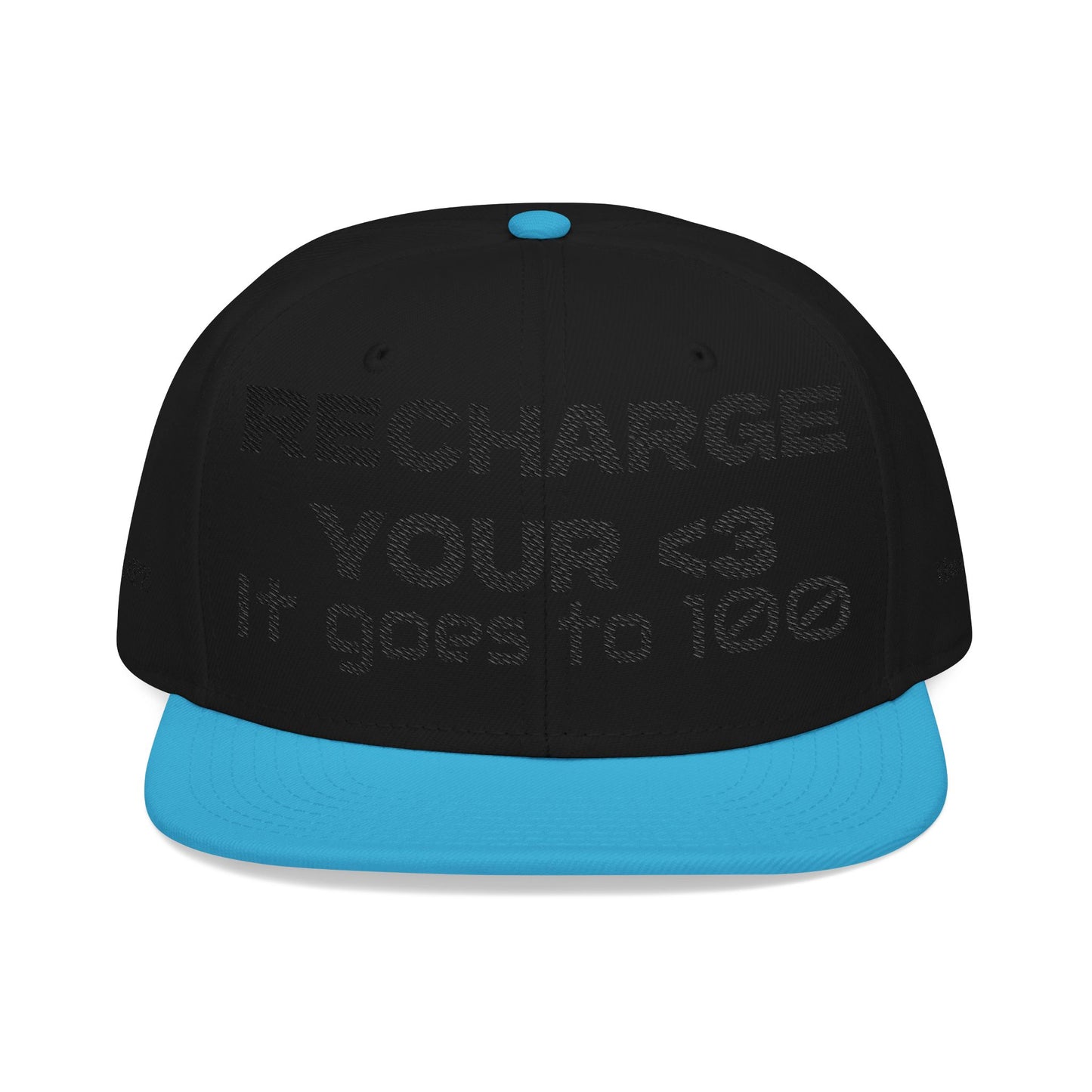 "RECHARGE YOUR <3 It Goes to 100" (Recharge your heart it goes to 100) Snapback Cap, Embroidered Hat, Casual Streetwear, Gift for Him/Her (Many color variants)