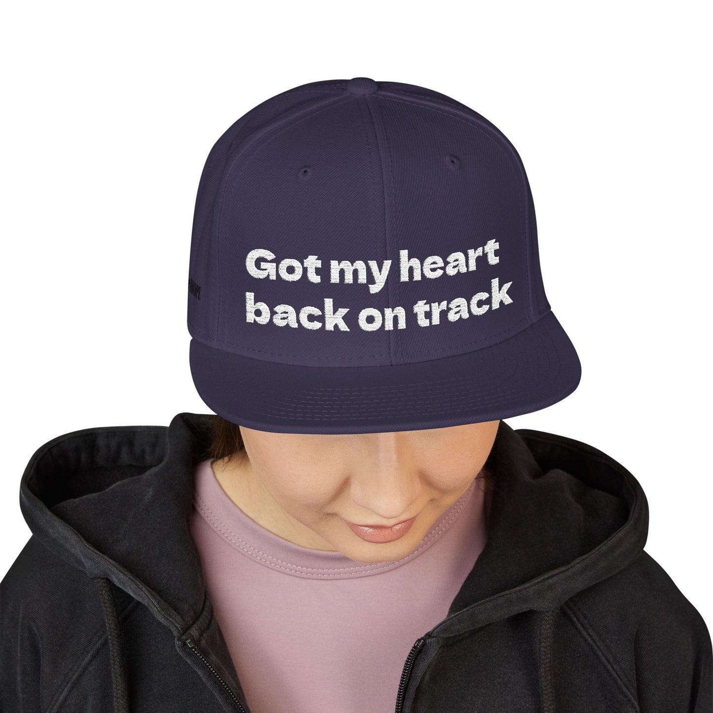 White Font "Got my heart back on track" Snapback Cap, Embroidered Hat, Casual Streetwear, (Many color variants)