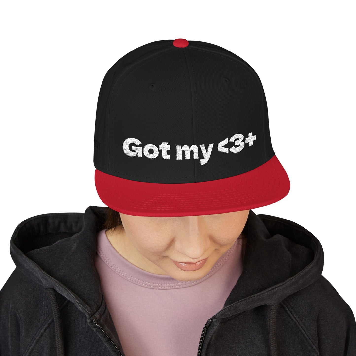 White Font "Got My <3 +" (Got My Heart Positive) Snapback Cap, Embroidered Hat, Casual Streetwear, Gift for Him/Her, (Many color variants)