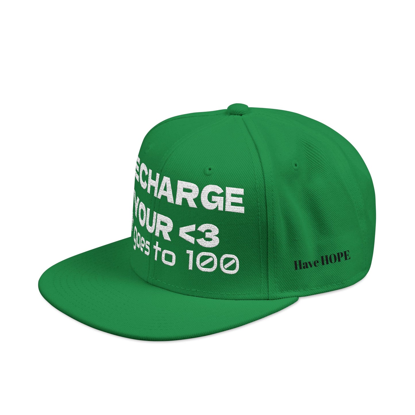 White Font "RECHARGE YOUR <3 It Goes to 100" (Recharge your heart it goes to 100) Snapback Cap, Embroidered Hat, Casual Streetwear, Gift for Him/Her (Many color variants)
