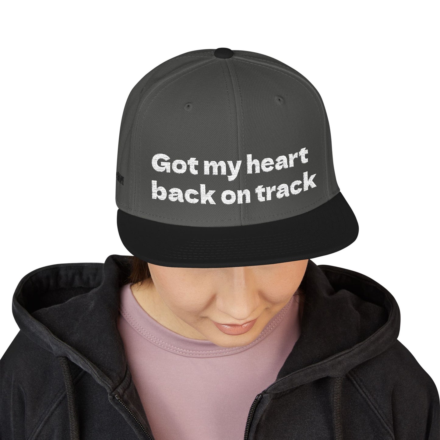 White Font "Got my heart back on track" Snapback Cap, Embroidered Hat, Casual Streetwear, (Many color variants)