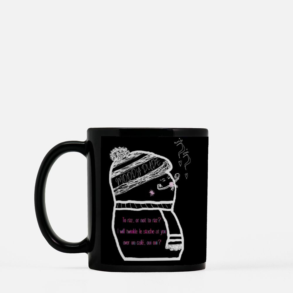 Rizz Monster With Red Font Black Coffee Mug with Red Font 11oz - "To rizz, or not to rizz? I will twinkle le stache at you over un cafe, oui oui?"