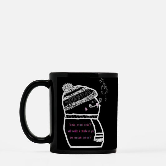 Rizz Monster With Red Font Black Coffee Mug with Red Font 11oz - "To rizz, or not to rizz? I will twinkle le stache at you over un cafe, oui oui?"