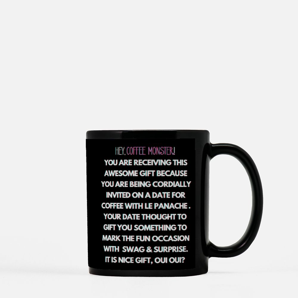 Rizz Monster With Red Font Black Coffee Mug with Red Font 11oz - "To rizz, or not to rizz? I will twinkle le stache at you over un cafe, oui oui?"