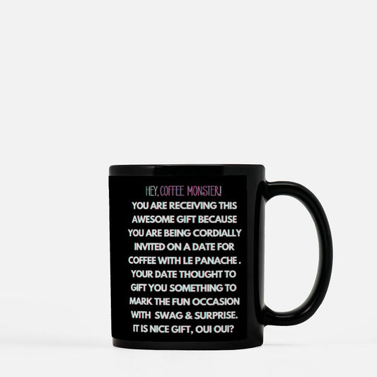 Rizz Monster With Red Font Black Coffee Mug with Red Font 11oz - "To rizz, or not to rizz? I will twinkle le stache at you over un cafe, oui oui?"