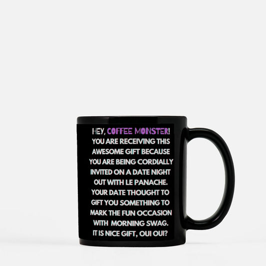 Rizz Monster Color Sprayed Black Coffee Mug 11oz - "To rizz, or not to rizz? I will twinkle le stache at you under the stars, oui oui?"