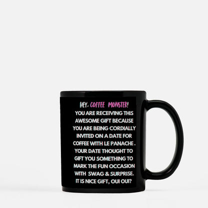 Rizz Monster With Pink Font Black Coffee Mug 11oz - "To rizz, or not to rizz? I will twinkle le stache at you over un cafe, oui oui?"