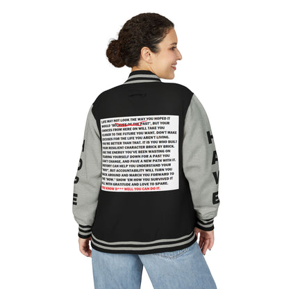 From Here On Have Hope Inspired Unisex Heavyweight Letterman Jacket - Empowering Message "You know D*** well you can do it." Comes in many color variants!