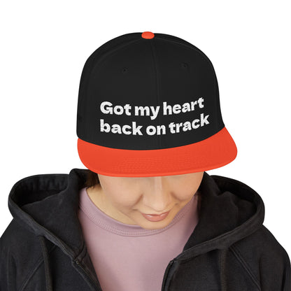 White Font "Got my heart back on track" Snapback Cap, Embroidered Hat, Casual Streetwear, (Many color variants)