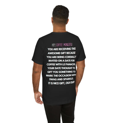 Red Font  "I will twinkle le stache at you over un cafe, oui oui?" -Rizz ( Coffee ) Monster Unisex Jersey Short Sleeve Tee