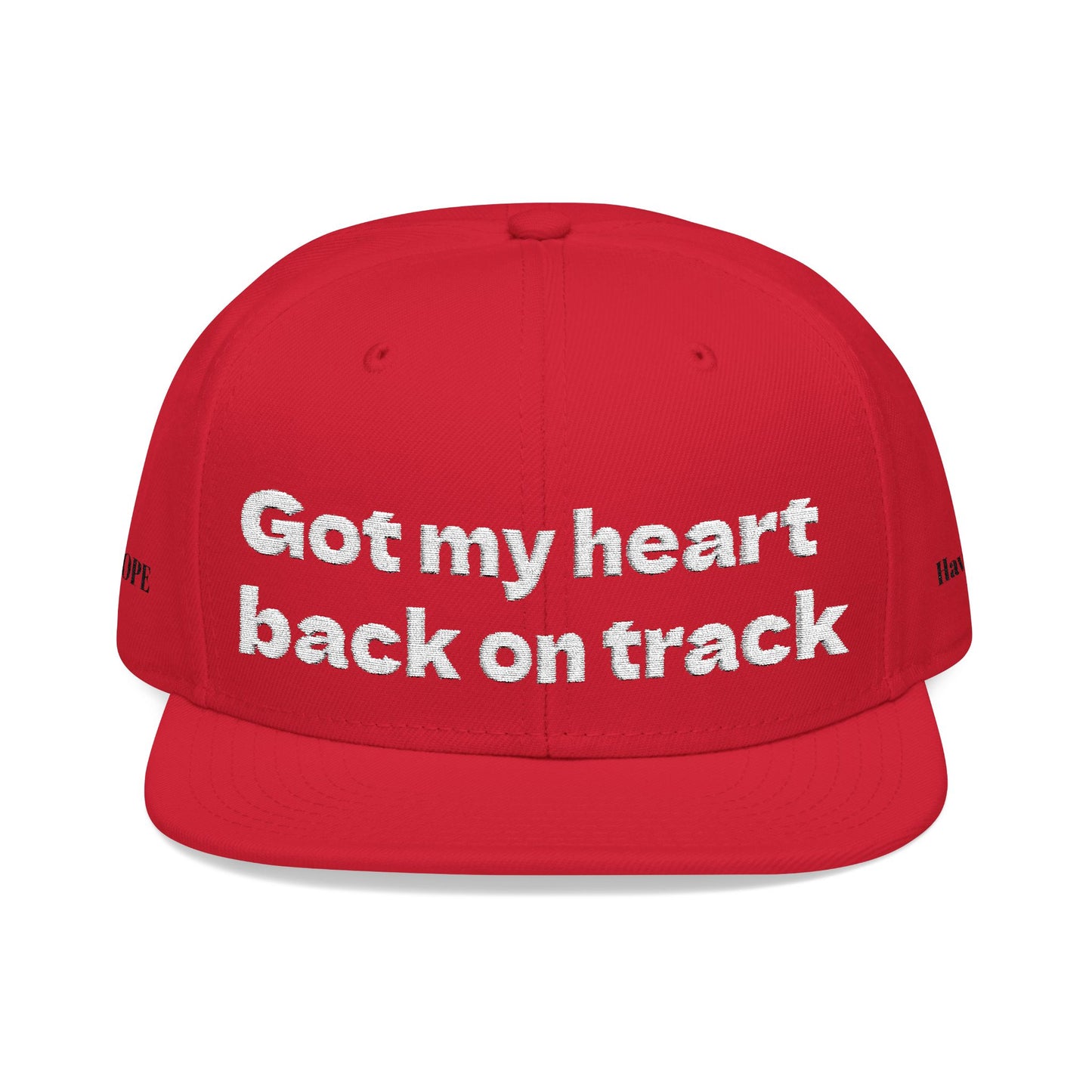 White Font "Got my heart back on track" Snapback Cap, Embroidered Hat, Casual Streetwear, (Many color variants)